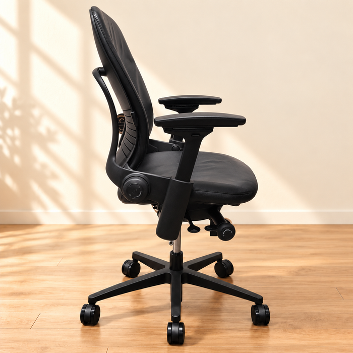 Steelcase Leap V2 black leather – Side view with adjustment controls
